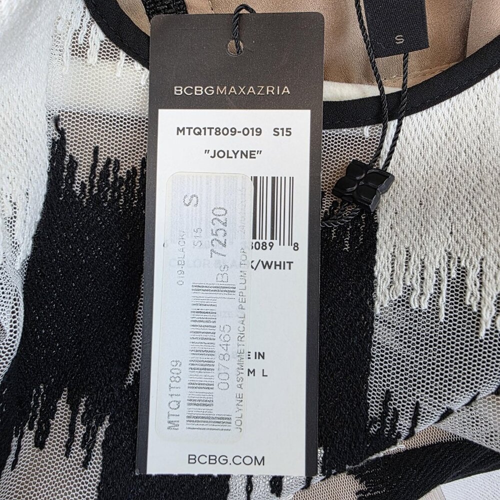 BCBGMAXAZRIA Blouse Womens S Black White Geometric Asymmetrical Peplum Top Lined - Picture 4 of 11